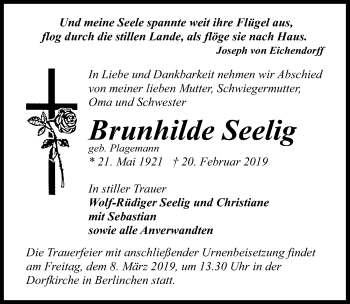 Traueranzeige von Brunhilde Seelig von Märkischen Allgemeine Zeitung