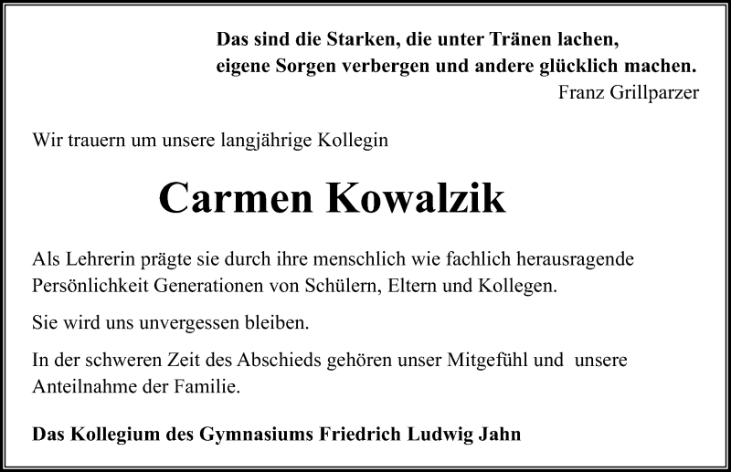  Traueranzeige für Carmen Kowalzik vom 02.02.2019 aus Märkischen Allgemeine Zeitung