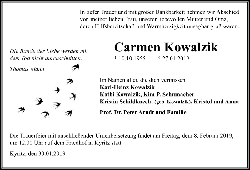  Traueranzeige für Carmen Kowalzik vom 30.01.2019 aus Märkischen Allgemeine Zeitung