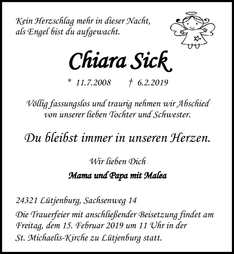  Traueranzeige für Chiara Sick vom 13.02.2019 aus Kieler Nachrichten