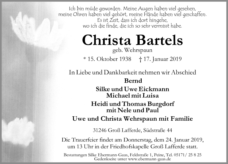  Traueranzeige für Christa Bartels vom 21.01.2019 aus Peiner Allgemeine Zeitung