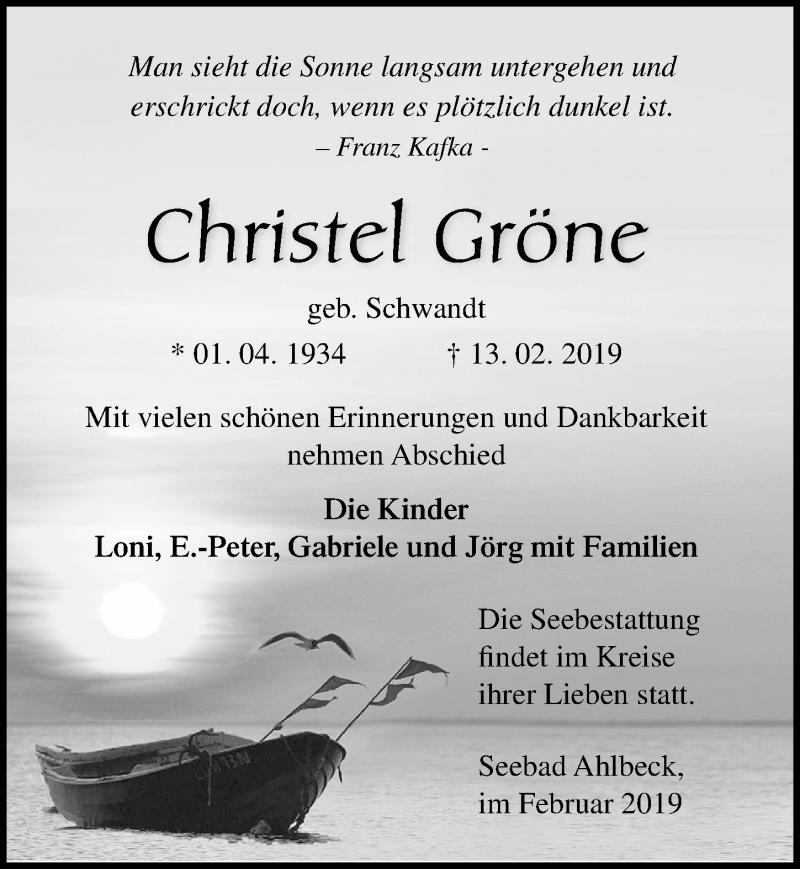  Traueranzeige für Christel Gröne vom 16.02.2019 aus Ostsee-Zeitung GmbH