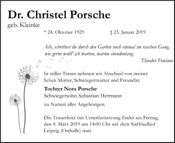 Traueranzeige von Christel Porsche von Leipziger Volkszeitung