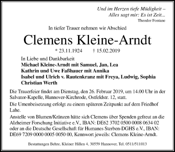 Traueranzeige von Clemens Kleine-Arndt von Hannoversche Allgemeine Zeitung/Neue Presse