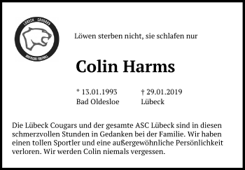 Traueranzeige von Colin Harms von Lübecker Nachrichten