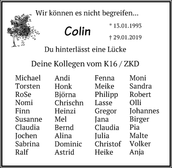 Traueranzeige von Colin Harms von Lübecker Nachrichten