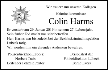 Traueranzeige von Colin Harms von Lübecker Nachrichten