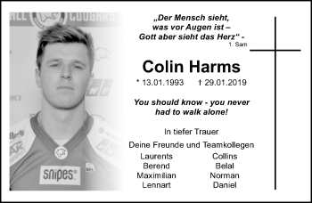 Traueranzeige von Colin Harms von Lübecker Nachrichten