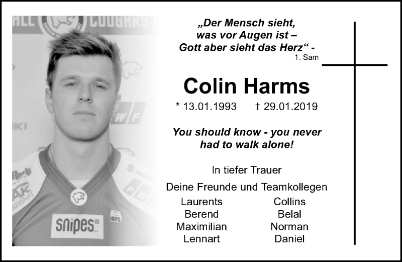  Traueranzeige für Colin Harms vom 06.02.2019 aus Lübecker Nachrichten