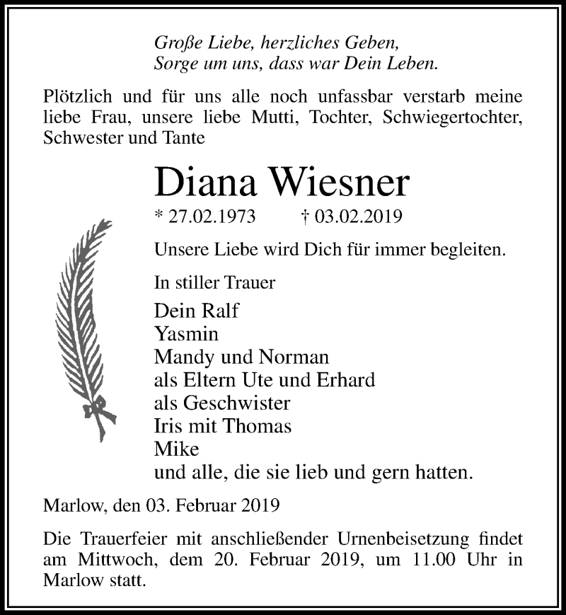  Traueranzeige für Diana Wiesner vom 09.02.2019 aus Ostsee-Zeitung GmbH
