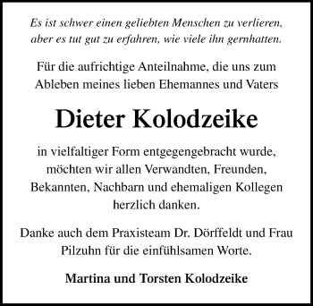 Traueranzeige von Dieter Kolodzeike von Ostsee-Zeitung GmbH