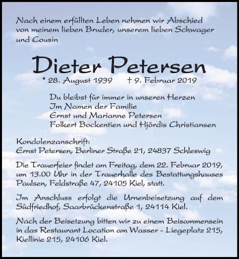 Traueranzeige von Dieter Petersen von Kieler Nachrichten
