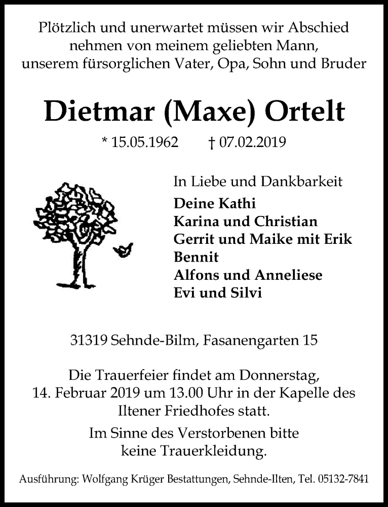  Traueranzeige für Dietmar Ortelt vom 09.02.2019 aus Hannoversche Allgemeine Zeitung/Neue Presse