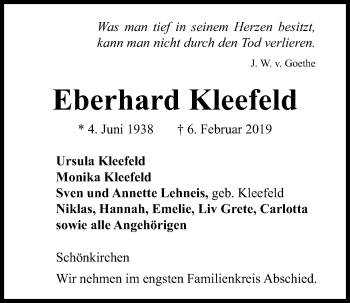 Traueranzeige von Eberhard Kleefeld von Kieler Nachrichten