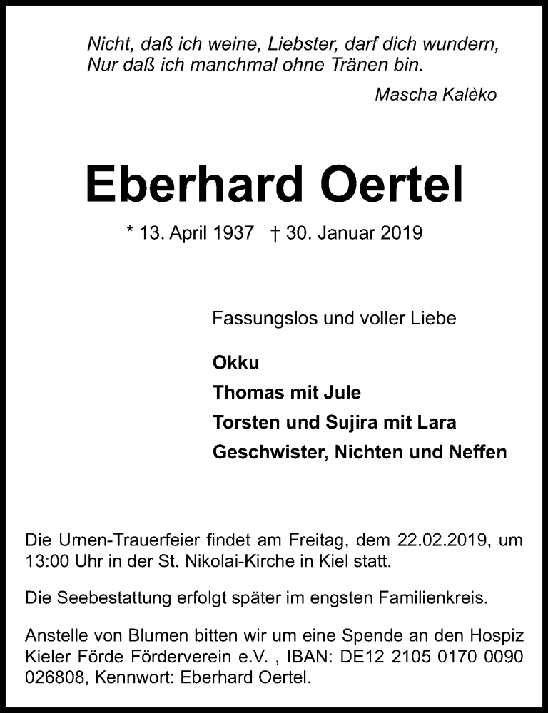  Traueranzeige für Eberhard Oertel vom 09.02.2019 aus Kieler Nachrichten