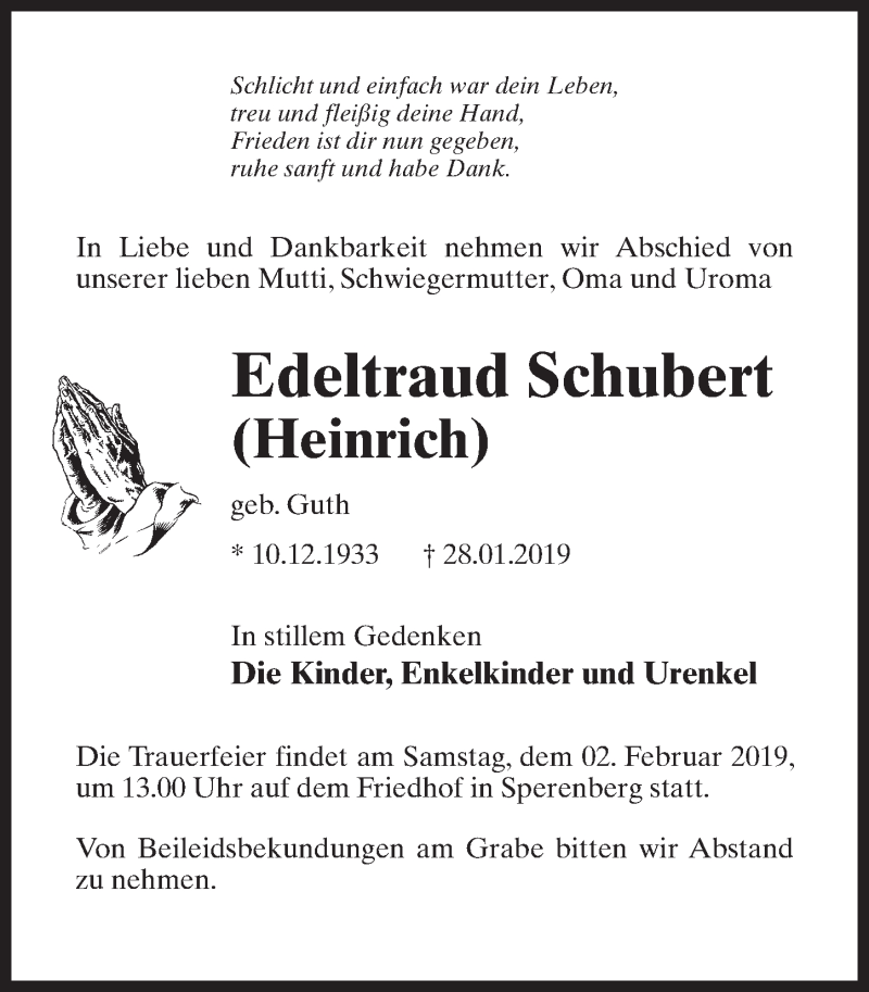  Traueranzeige für Edeltraud Schubert vom 31.01.2019 aus Märkischen Allgemeine Zeitung
