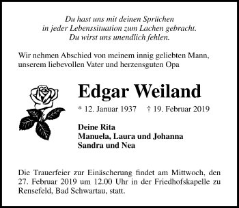 Traueranzeige von Edgar Weiland von Lübecker Nachrichten