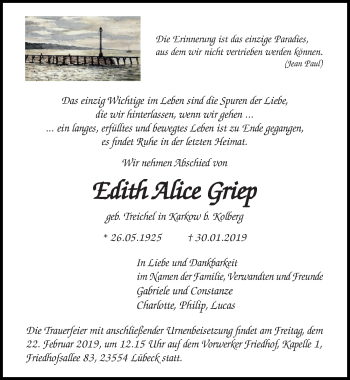 Traueranzeige von Edith Alice Grie von Lübecker Nachrichten