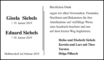 Traueranzeige von Eduard Siebels von Lübecker Nachrichten