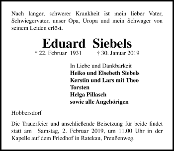 Traueranzeige von Eduard Siebels von Lübecker Nachrichten
