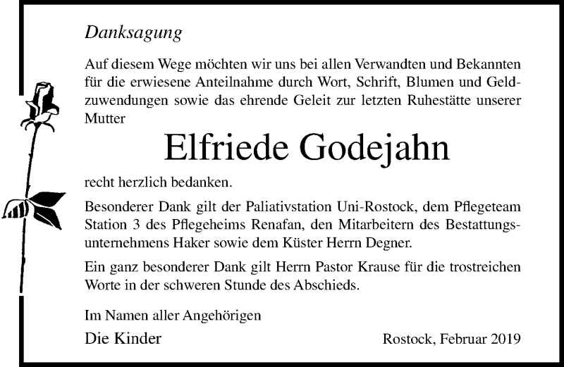  Traueranzeige für Elfriede Godejahn vom 16.02.2019 aus Ostsee-Zeitung GmbH