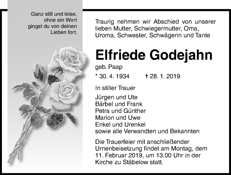 Traueranzeige für Elfriede Godejahn vom 02.02.2019 aus Ostsee-Zeitung GmbH