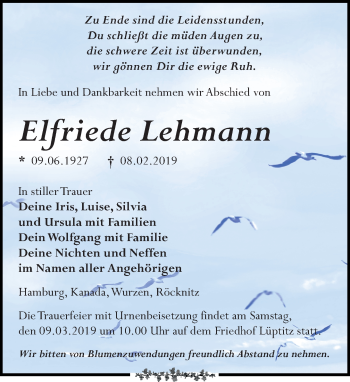 Traueranzeige von Elfriede Lehmann von Leipziger Volkszeitung