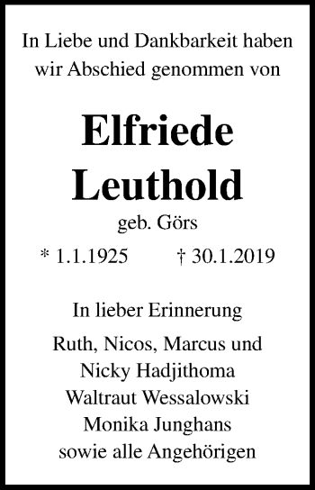 Traueranzeige von Elfriede Leuthold von Lübecker Nachrichten