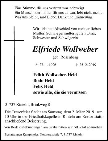 Traueranzeige von Elfriede Wollweber 
