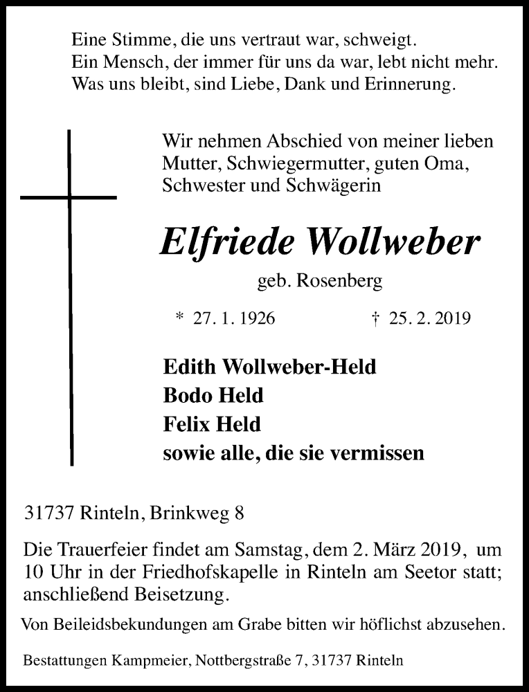  Traueranzeige für Elfriede Wollweber vom 28.02.2019 aus Schaumburger Nachrichten