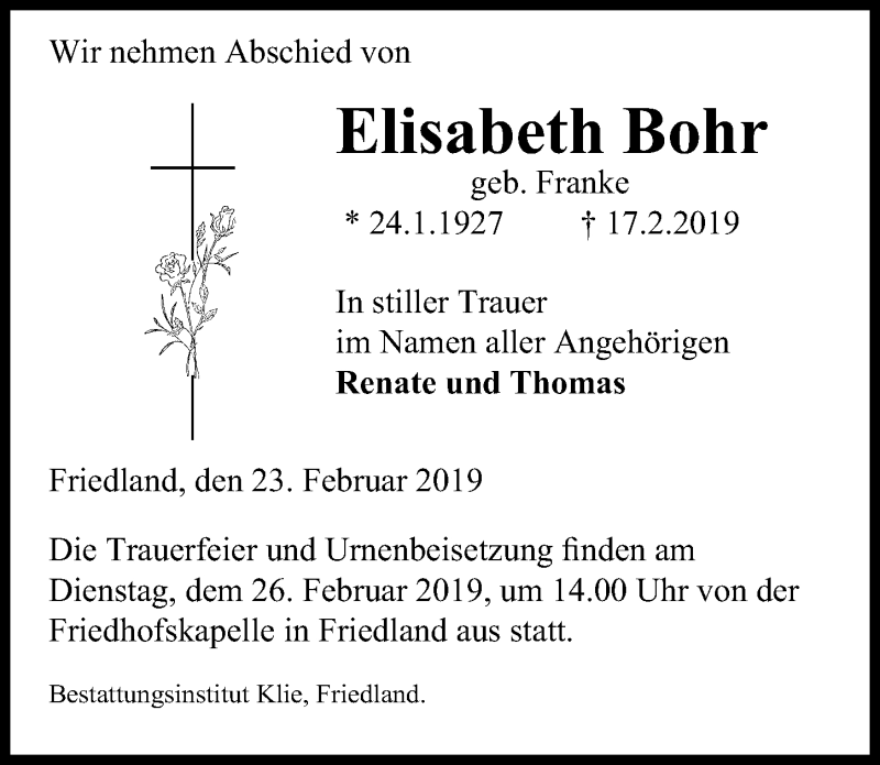  Traueranzeige für Elisabeth Bohr vom 23.02.2019 aus Göttinger Tageblatt