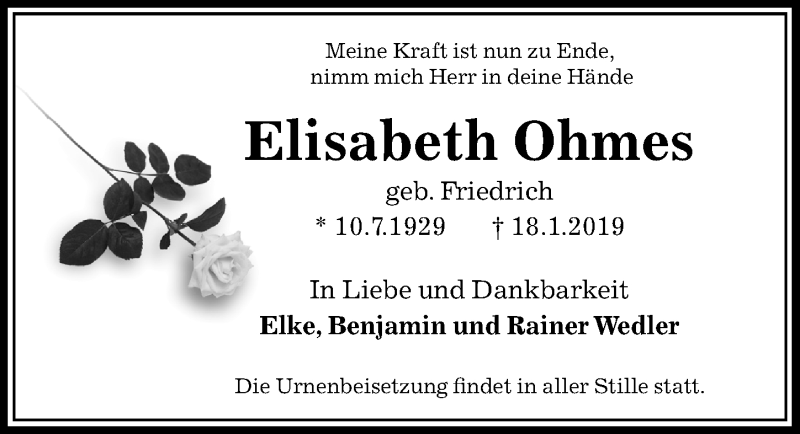  Traueranzeige für Elisabeth Ohmes vom 02.02.2019 aus Peiner Allgemeine Zeitung