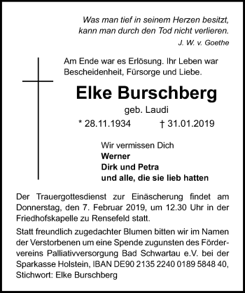 Traueranzeige von Elke Burschberg von Lübecker Nachrichten