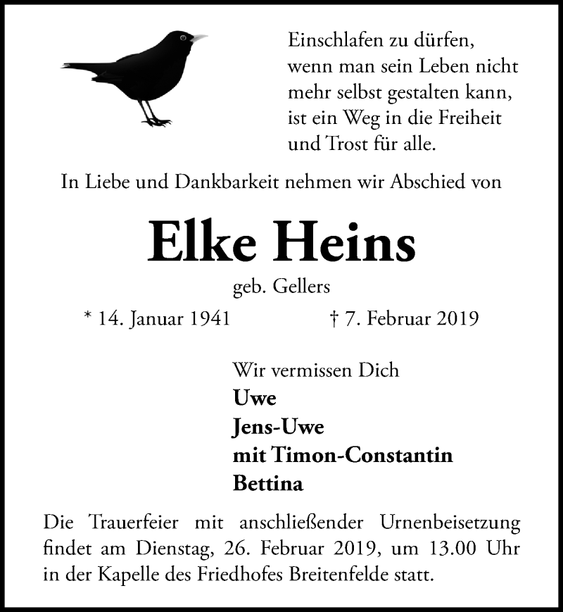  Traueranzeige für Elke Heins vom 23.02.2019 aus Lübecker Nachrichten