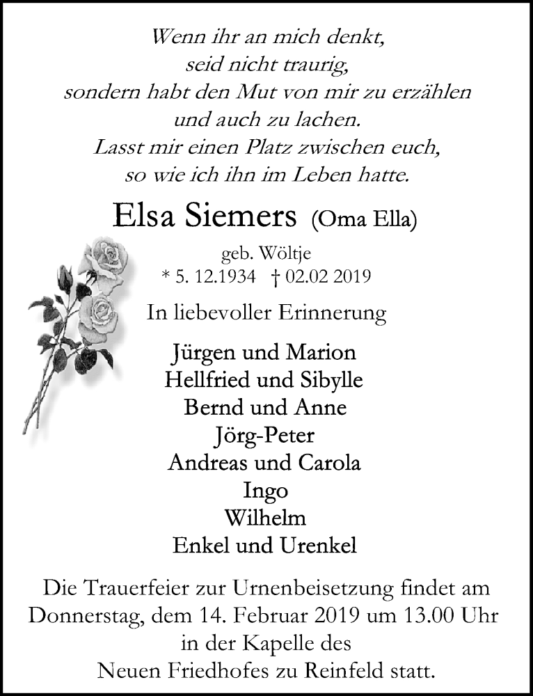  Traueranzeige für Elsa Siemers vom 09.02.2019 aus Lübecker Nachrichten