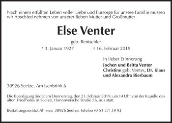 Traueranzeige von Else Venter von Hannoversche Allgemeine Zeitung/Neue Presse