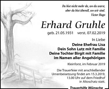 Traueranzeige von Erhard Gruhle von Leipziger Volkszeitung