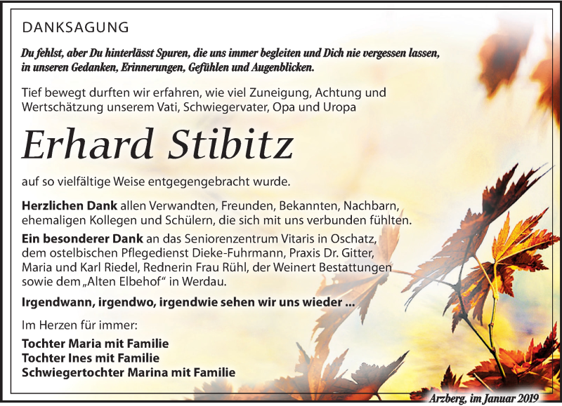  Traueranzeige für Erhard Stibitz vom 26.01.2019 aus Torgauer Zeitung