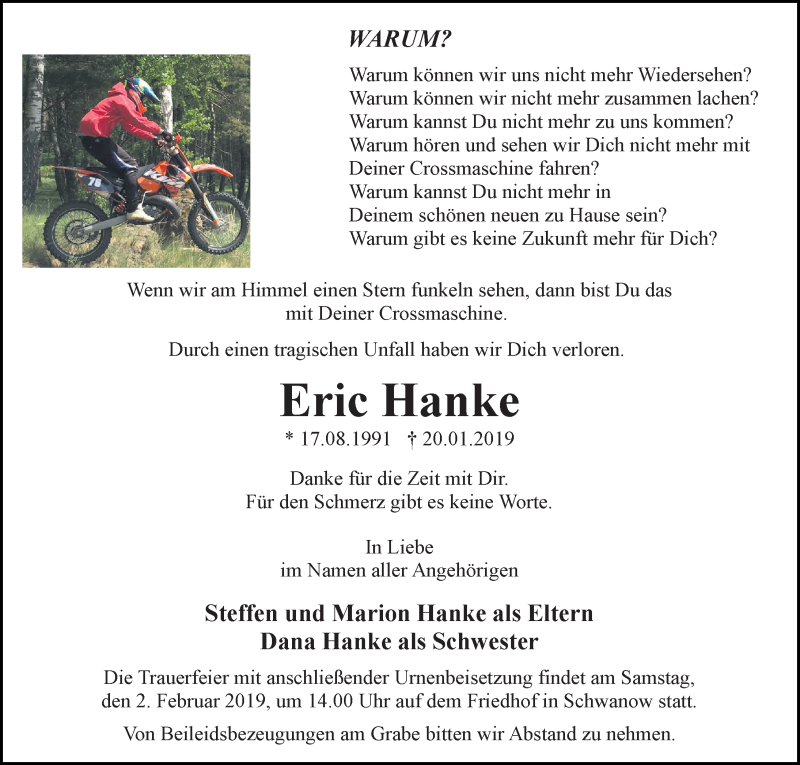  Traueranzeige für Eric Hanke vom 26.01.2019 aus Märkischen Allgemeine Zeitung