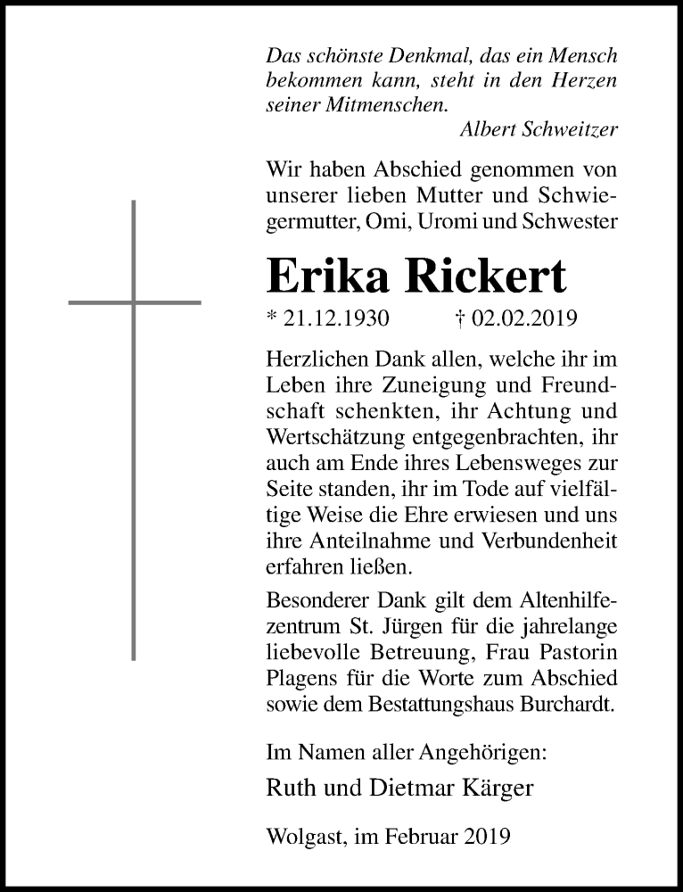  Traueranzeige für Erika Rickert vom 16.02.2019 aus Ostsee-Zeitung GmbH