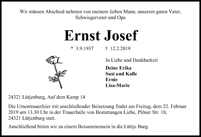  Traueranzeige für Ernst Josef vom 16.02.2019 aus Kieler Nachrichten