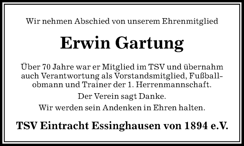  Traueranzeige für Erwin Gartung vom 06.02.2019 aus Peiner Allgemeine Zeitung
