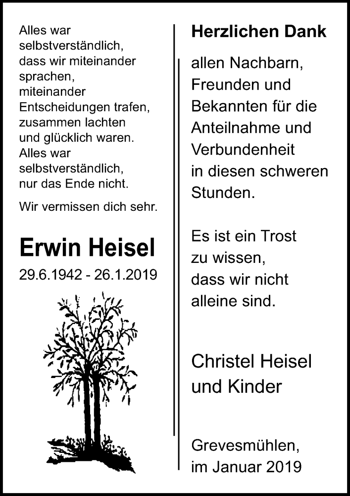  Traueranzeige für Erwin Heisel vom 14.02.2019 aus Ostsee-Zeitung GmbH
