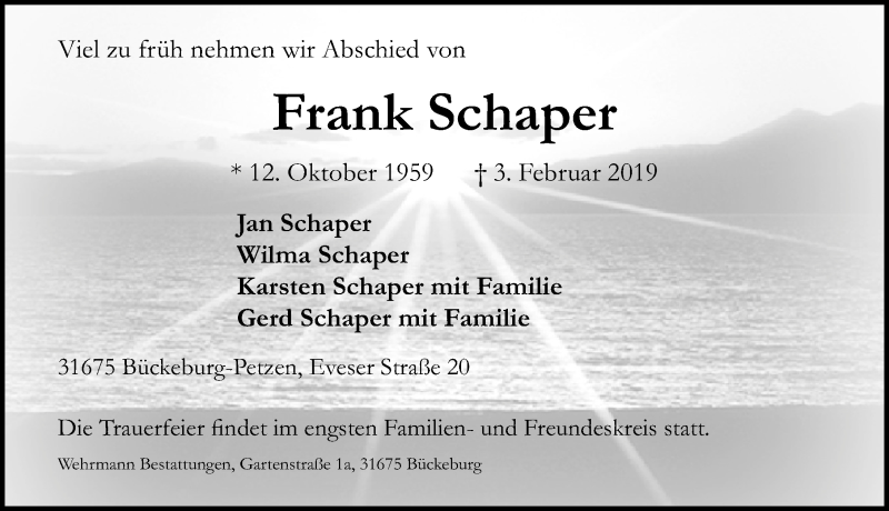 Traueranzeigen von Frank Schaper | trauer-anzeigen.de