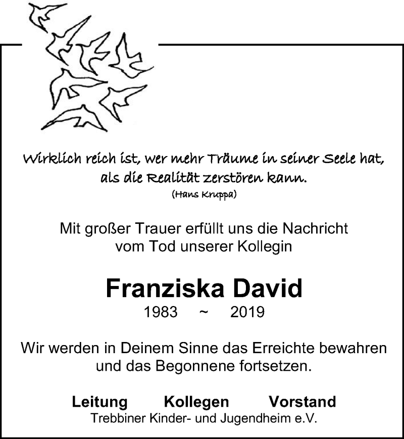  Traueranzeige für Franziska David vom 26.01.2019 aus Märkischen Allgemeine Zeitung