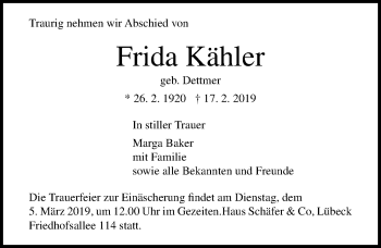 Traueranzeige von Frida Kähler von Lübecker Nachrichten