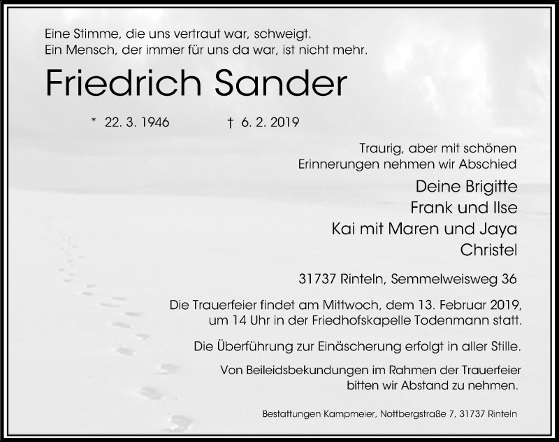  Traueranzeige für Friedrich Sander vom 09.02.2019 aus 
