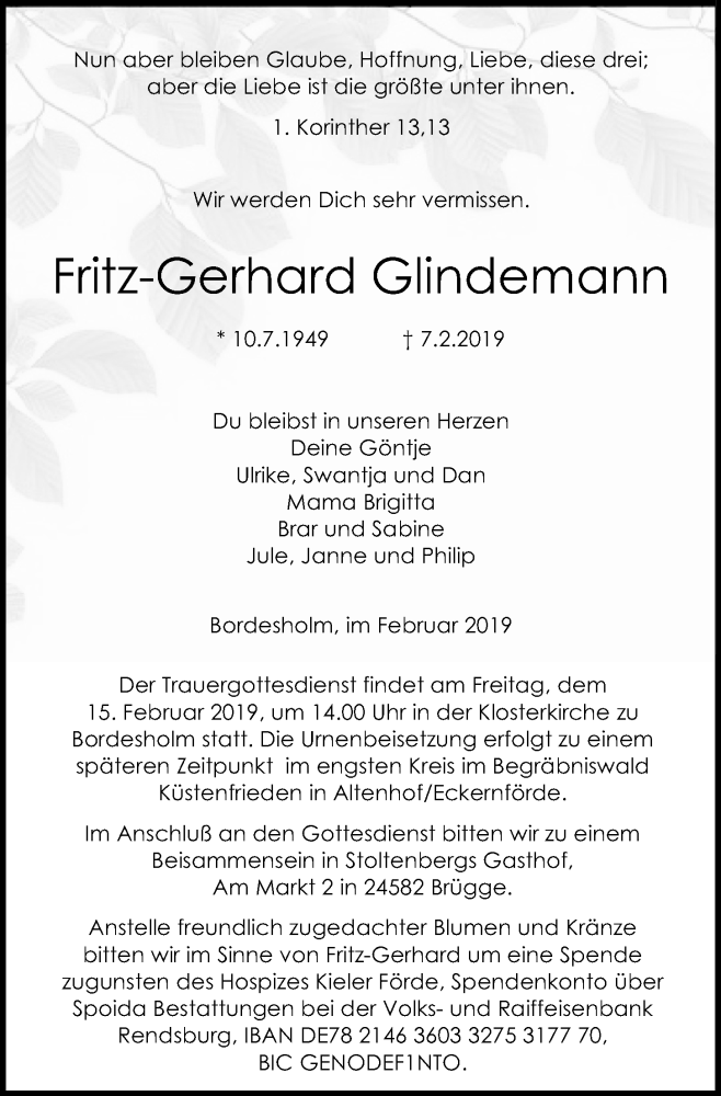  Traueranzeige für Fritz-Gerhard Glindemann vom 12.02.2019 aus Kieler Nachrichten