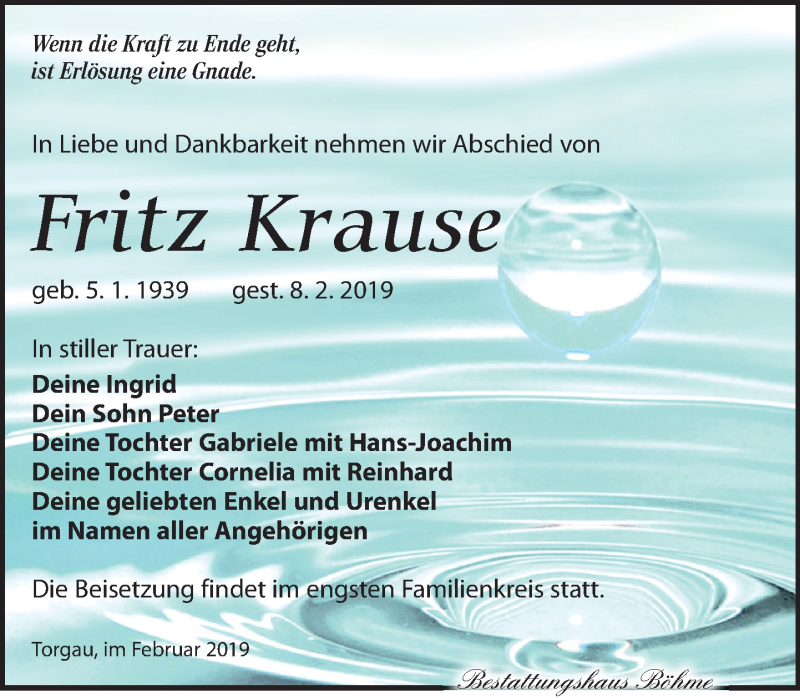  Traueranzeige für Fritz Krause vom 16.02.2019 aus Torgauer Zeitung