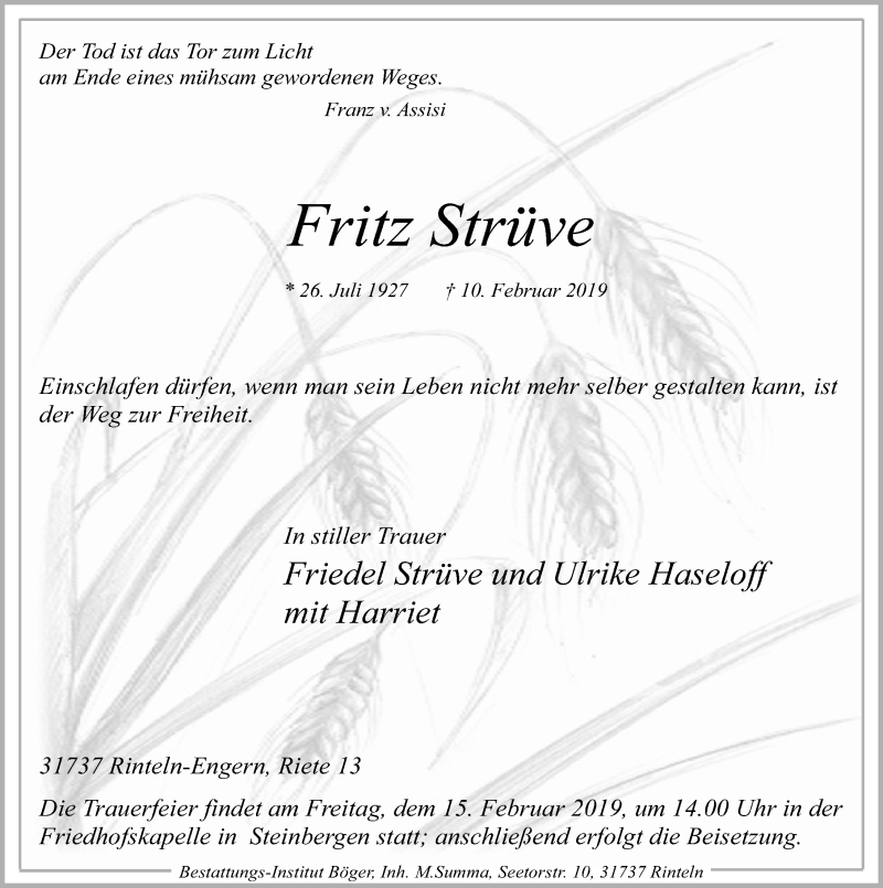  Traueranzeige für Fritz Strüve vom 12.02.2019 aus 